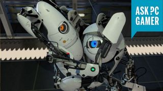 Portal 2 robots hugging with an ASK PCGAMER badge on top right. 