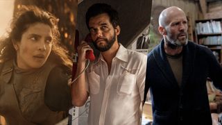 A photo collage comprised of stills from Prime Video's original "The Bluff", featuring Priyanka Chopra Jonas, Wagner Moura in "The Secret Agent," and Jason Statham in "Shelter" (L-R).