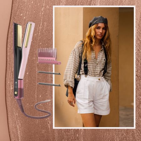a blonde woman in white shorts and a plaid shirt on a tan background next to a pink flat icon with a gray chord