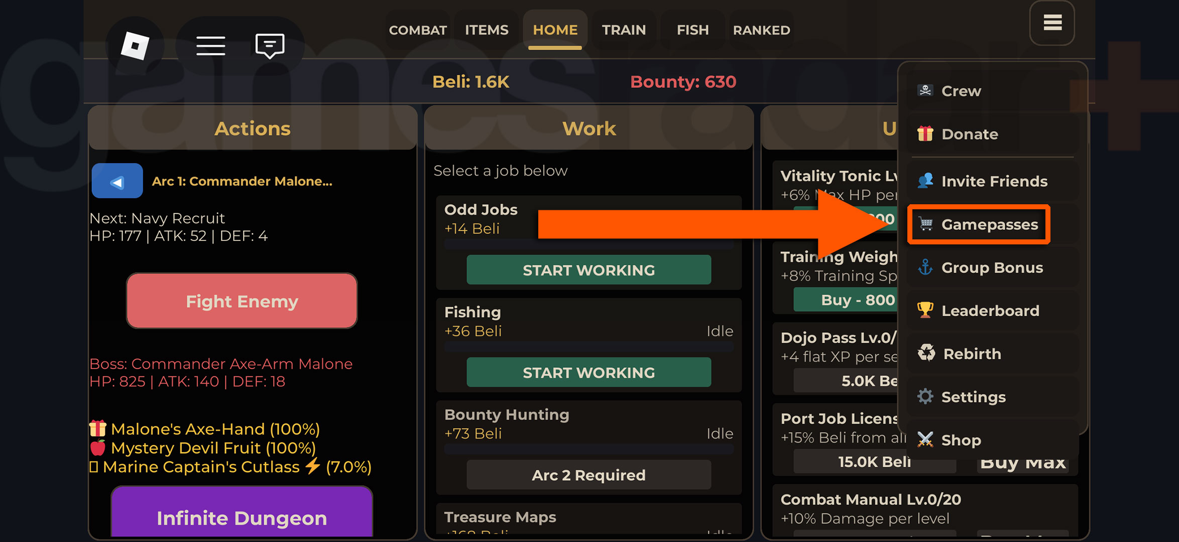 The menu option to redeem Fruit Piece Incremental codes