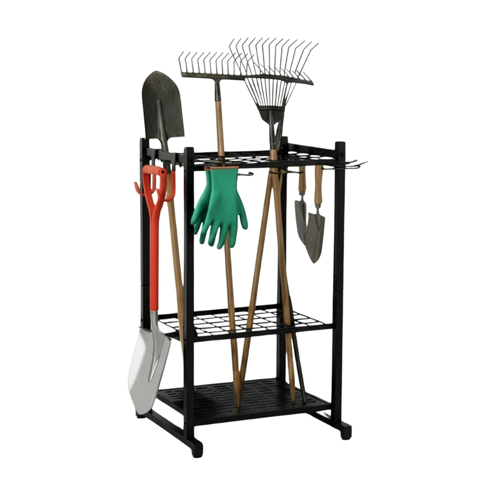 Black freestanding unit with gardening tools on it