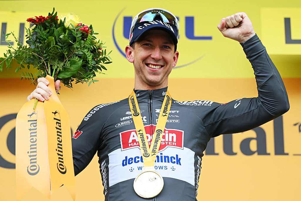 PONTARLIER, FRANCE - JULY 26: Kaden Groves of Australia and Team Alpecin - Deceuninck celebrates at podium as stage winner during the 112th Tour de France 2025, Stage 20 a 184.2km stage from Nantua to Pontarlier / #UCIWT / on July 26, 2025 in Pontarlier, France. (Photo by Dario Belingheri/Getty Images)
