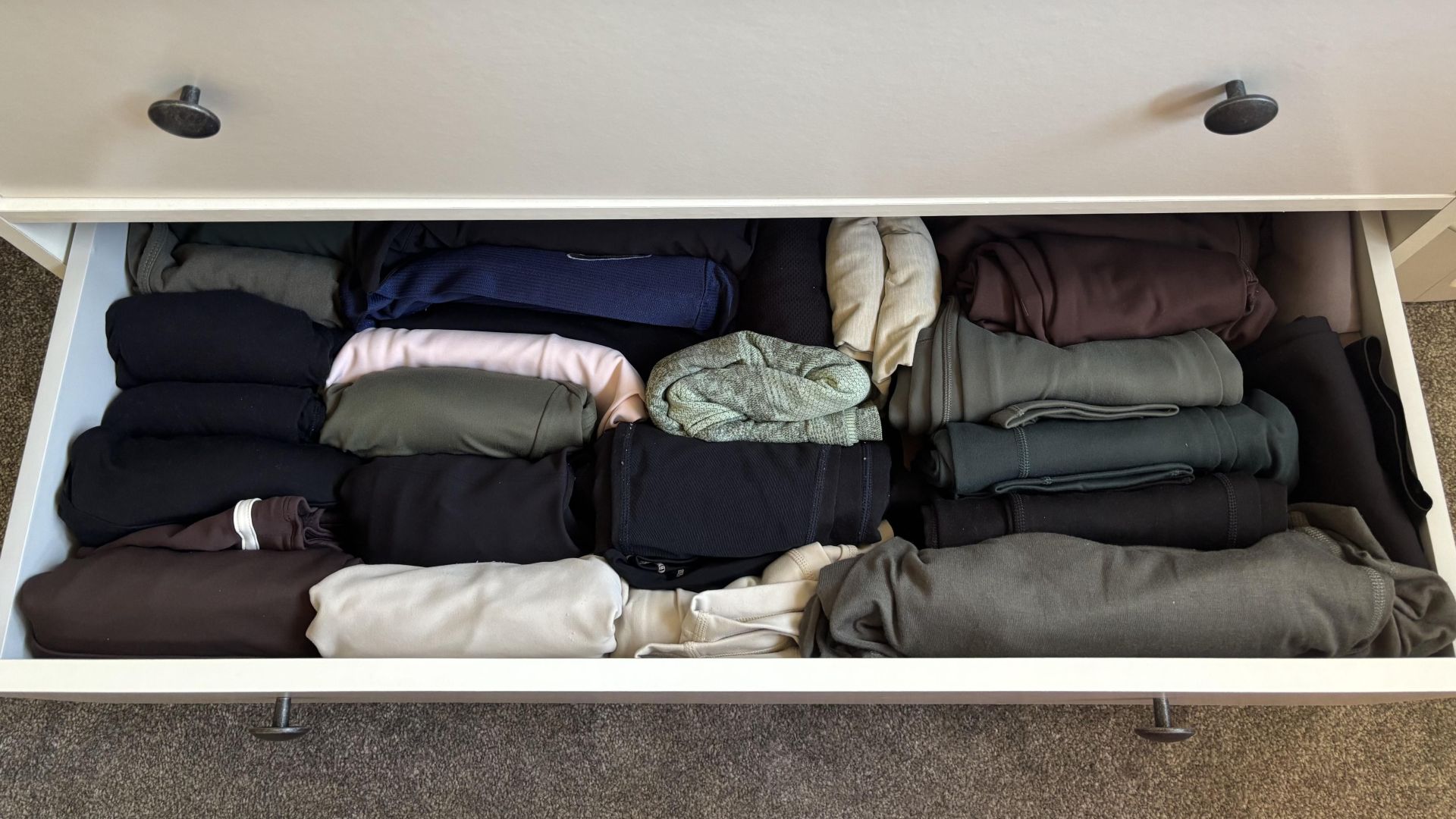 Katie trying decision fatigue decluttering - activewear drawer