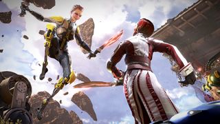 LawBreakers characters face each other, one coming from the sky with a flaming blade while the other stands below with a similar weapon