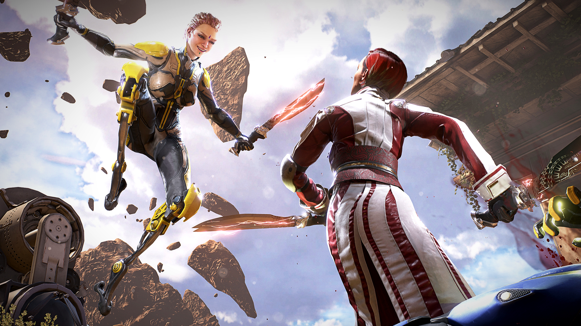 LawBreakers characters face each other, one coming from the sky with a flaming blade while the other stands below with a similar weapon