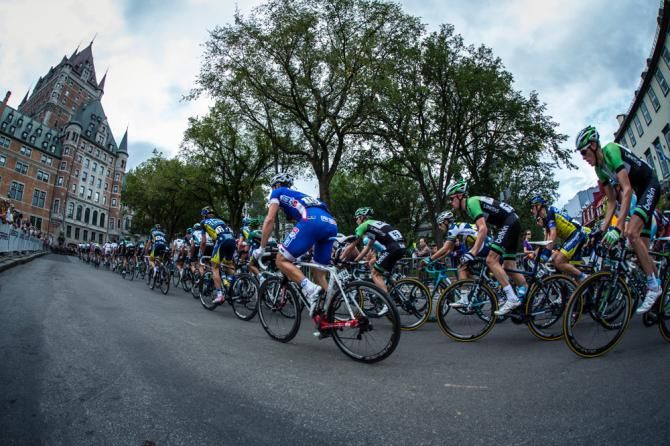 The peloton passes by the Chateau Frontenac, the race hotel, situated 1km from the finish line in Quebec City.