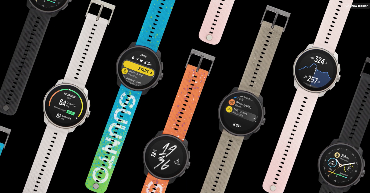 Suunto Race S watch in various colorways on black background