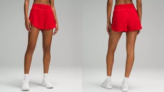 Lululemon Fast And Free Reflective High-Rise Classic Short 3in in red worn by model