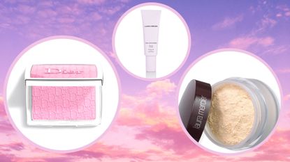 A purple and pink sunset background with products from Dior and Laura Mercier—that help create the Cloud Skin look—displayed in circles