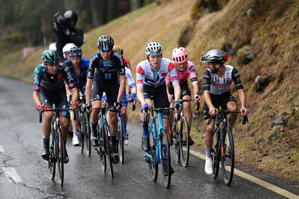 VALAIS THYON 2000 SWITZERLAND APRIL 29 LR Cian Uijtdebroeks of Belgium and Team BORAHansgrohe Max Poole of United Kingdom and Team DSM Matteo Jorgenson of The United States and Movistar Team White Best Young Jersey and Adam Yates of United Kingdom and UAE Team Emirates compete in the breakaway during the 6th Tour De Romandie 2023 Stage 4 a 1616km stage from Sion to Valais Thyon 2000 2090m UCIWT on April 29 2023 in Sion Switzerland Photo by Dario BelingheriGetty Images