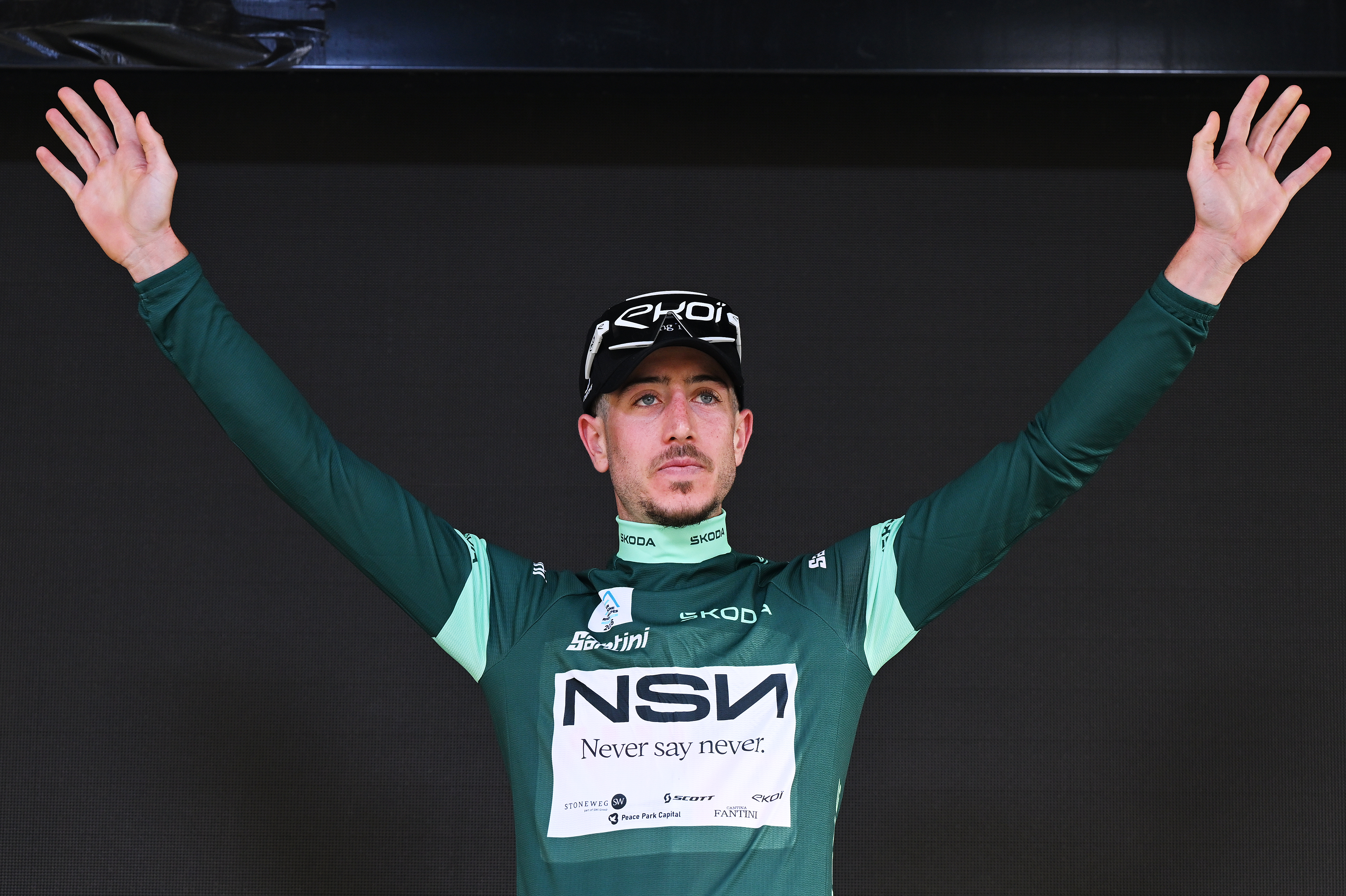 LE PUY-EN-VELAY, FRANCE - JUNE 08: Nadav Raisberg of Israel and Team NSN Cycling celebrates at podium as Green Points Jersey winner during the 78th Tour Auvergne-Rhone-Alpes 2026, Stage 2 a 234.3km stage from Saint-Martin-le-Vinoux to Le Puy-en-Velay 624m / #UCIWT / on June 08, 2026 in Le Puy-en-Velay, France. (Photo by Dario Belingheri/Getty Images)