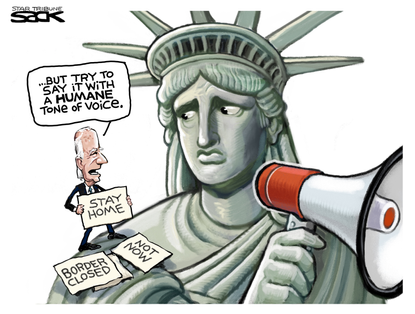 Political Cartoon U.S. biden migrant surge statue of liberty