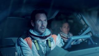 Patrick Wilson and Halle Berry sit anxiously in their spacecraft in Moonfall.