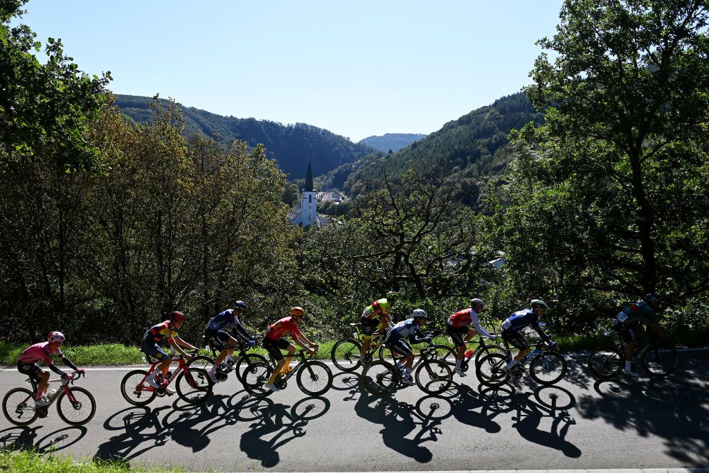 LIMPERTSBERG LUXEMBOURG SEPTEMBER 24 Asbjorn Hellemose of Denmark and Team Lidl Trek Marco Haller of Austria and Team BORA hansgrohe Alexandre Delettre of France and Team Cofidis Magnus Cort of Denmark and Team EF EducationEasyPost Juri Hollmann of Germany and Movistar Team Andrea Bagioli of Italy and Team Soudal Quick Step Lennert Teugels of Belgium and Team Bingoal WB Krists Neilands of Latvia and Team Israel Premier Tech and Adne Holter of Norway and UnoX Pro Cycling Team compete in the breakaway during the 83rd Skoda Tour Luxembourg 2023 Stage 5 a 1722km stage from Mersch to Luxembourg Limpertsberg on September 24 2023 in Limpertsberg Luxembourg Photo by Tim de WaeleGetty Images