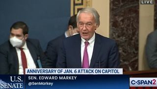 Sen. Ed Markey speaks during an event marking the anniversary of the January 6, 2021 Capitol insurrection.