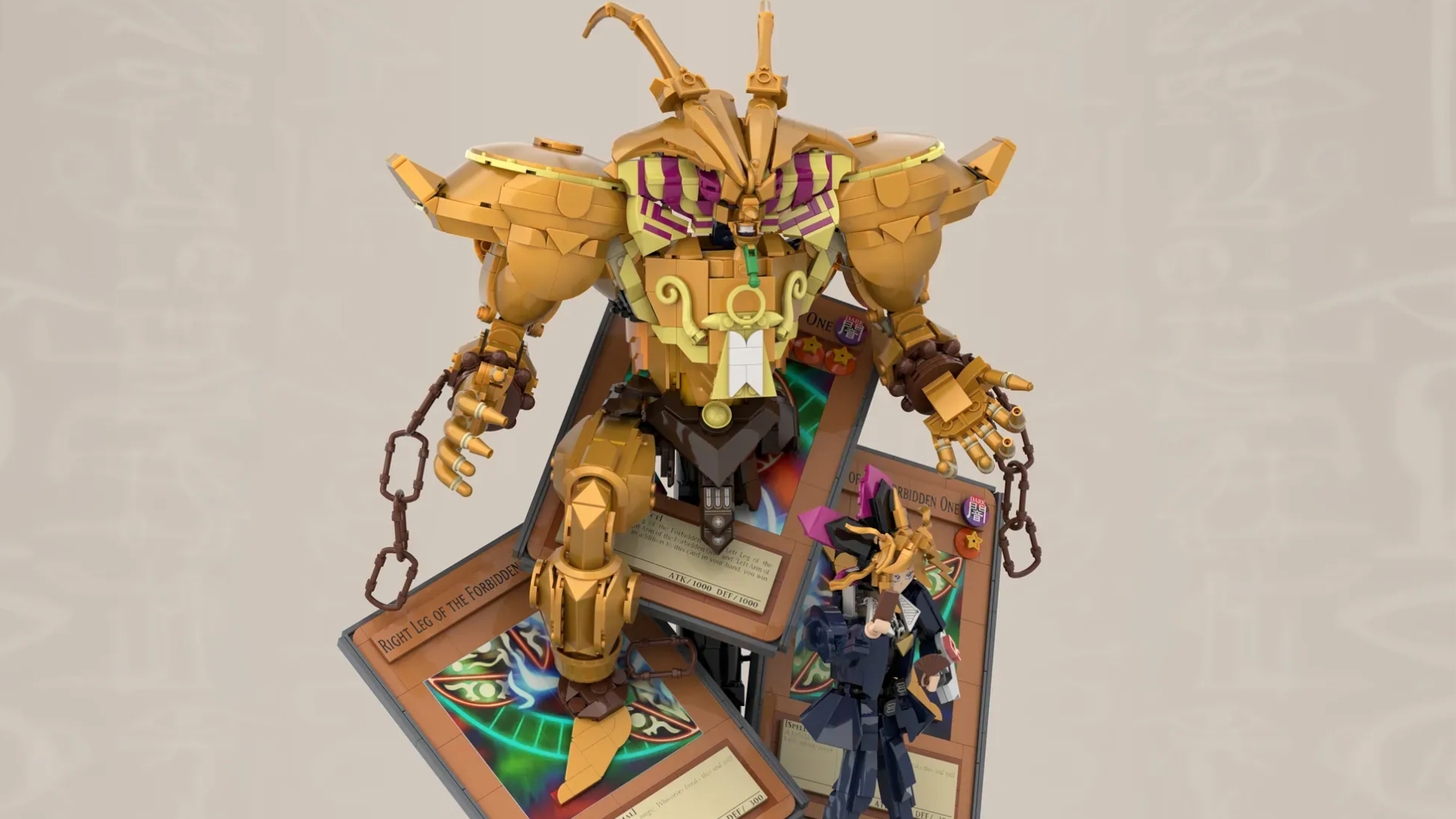 Lego Exodia figure emerging from playing cards, against a beige background