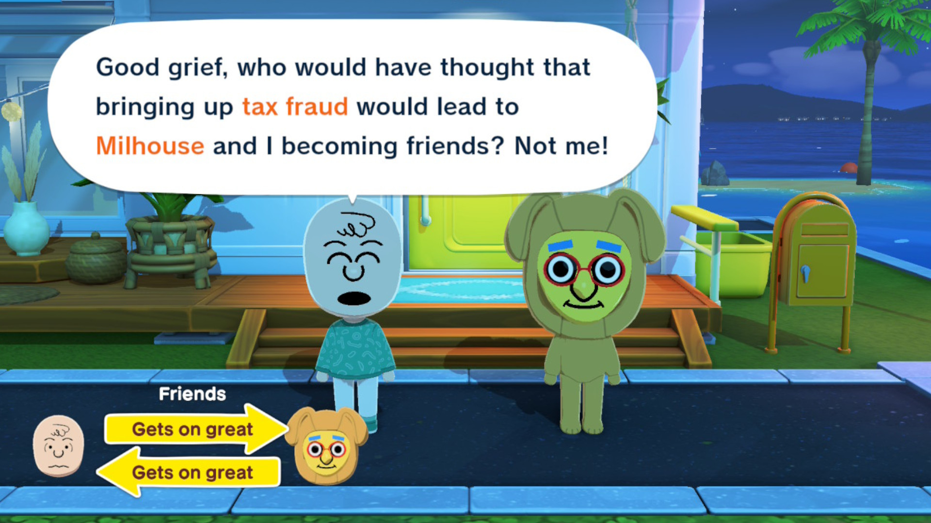 Two Miis becoming friends during Tomodachi Life: Living the Dream.