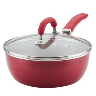 red saucepan with stainless steel lid