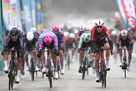 DOMESSARGUES, FRANCE - FEBRUARY 05: (L-R) Matteo Moschetti of Italy and Pinarello-Q36.5 Pro Cycling Team, Dylan Groenewegen of Netherlands and Team Unibet Rose Rockets and stage winner Mathieu Kockelmann of Luxembourg and Team Lotto-Intermarche sprint at finish line during the 56th Etoile de Besseges - Tour du Gard 2026, Stage 2 a 162.8km stage from Saint-Gilles to Domessargues on February 05, 2026 in Domessargues, France. (Photo by Luc Claessen/Getty Images)