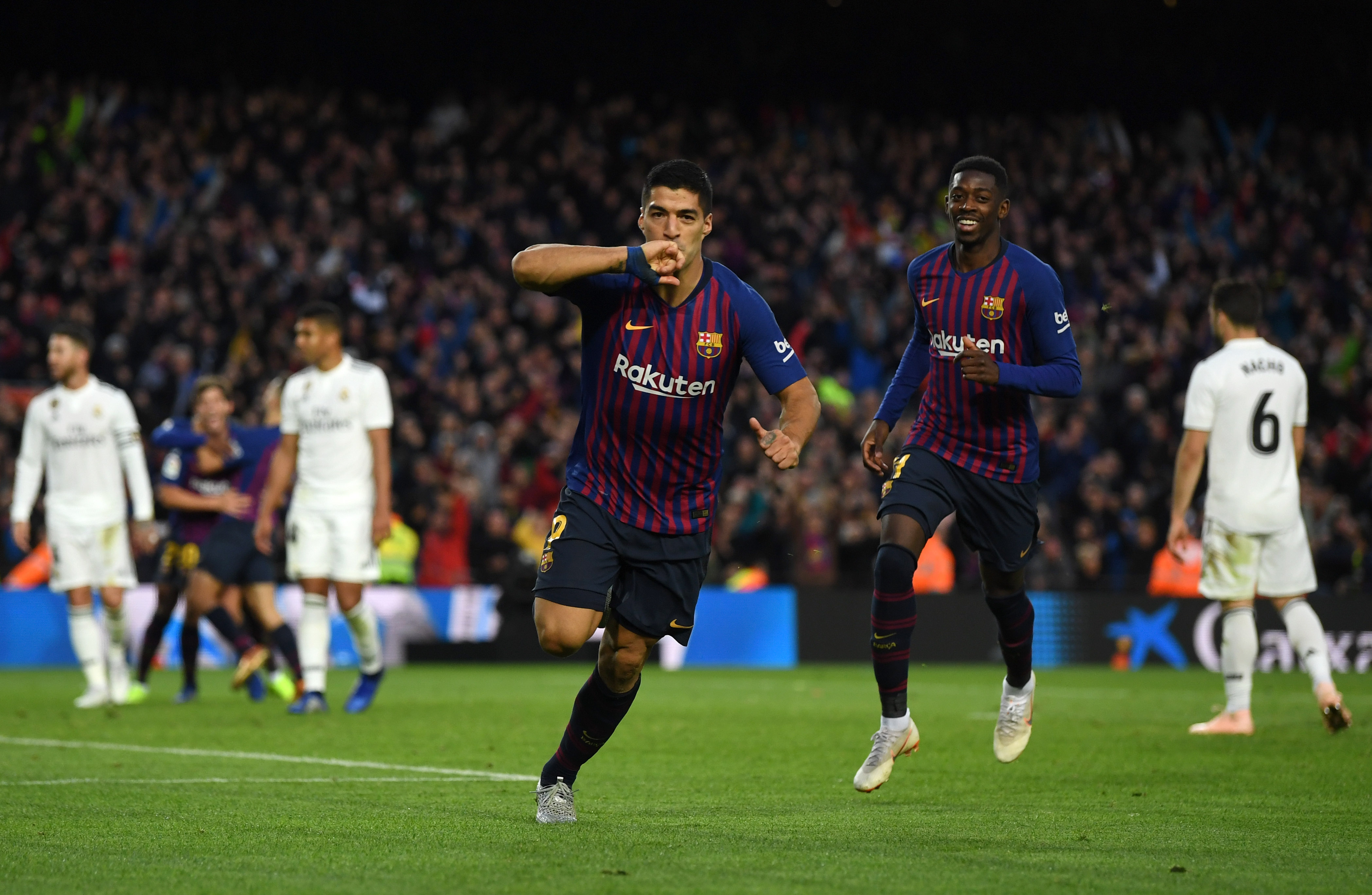 Luis Suarez celebrates after scoring for Barcelona against Real Madrid at Camp Nou in October 2018.