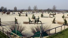 general arena view, showing line up , arena with jumps , working hunter jumps