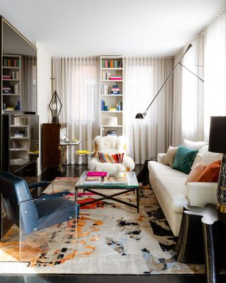 white living room with colorful accents