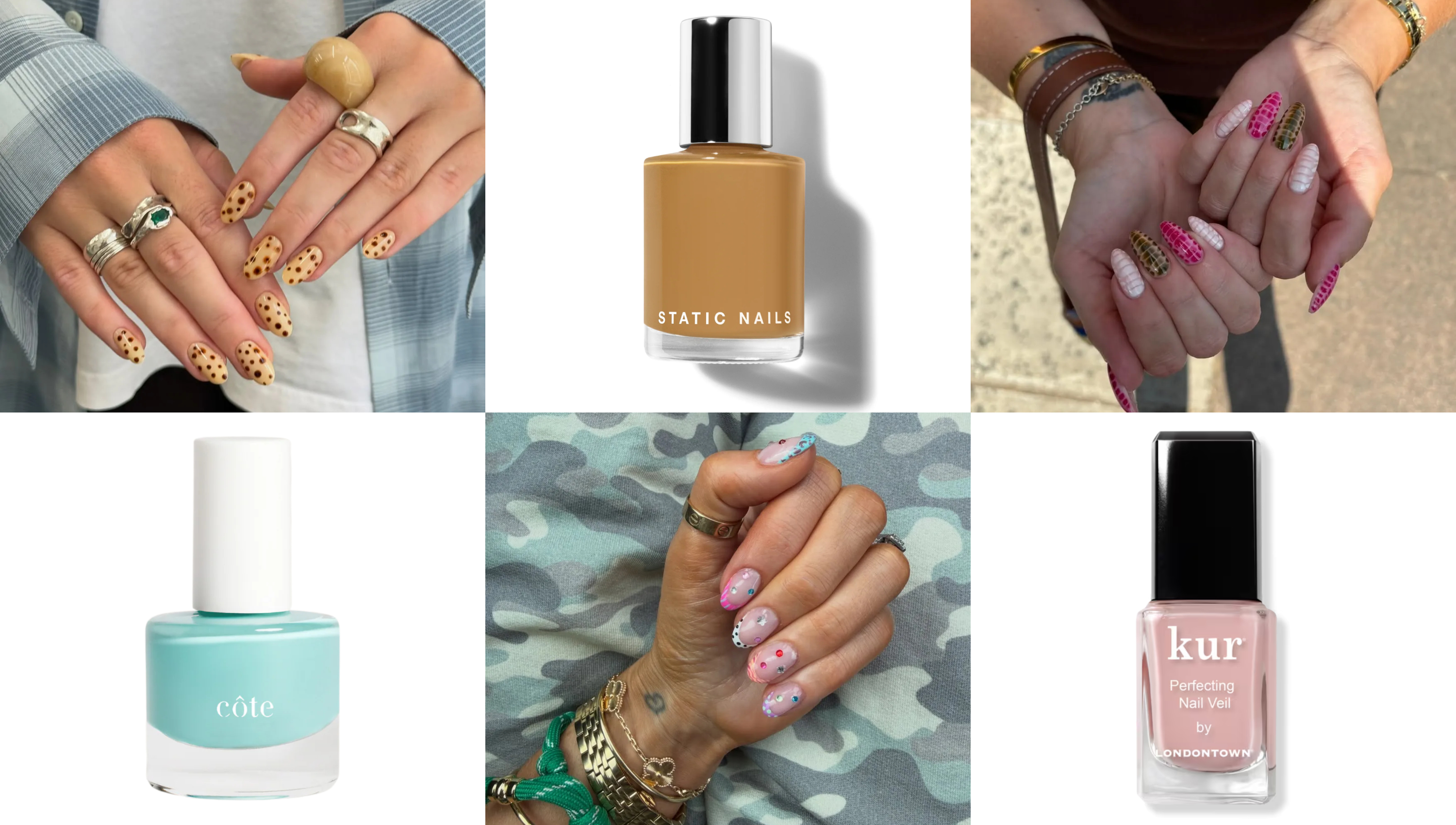 Six-image collage featuring animal-inspired nail designs, including spotted leopard-print manicures, colorful reptile-pattern nails, pastel dotted nail art, and three nail polish bottles