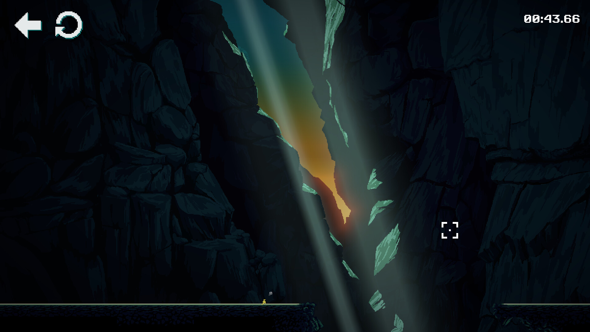 The player character prepares to leap over a chasm lit by a sunbeam in this is no cave.