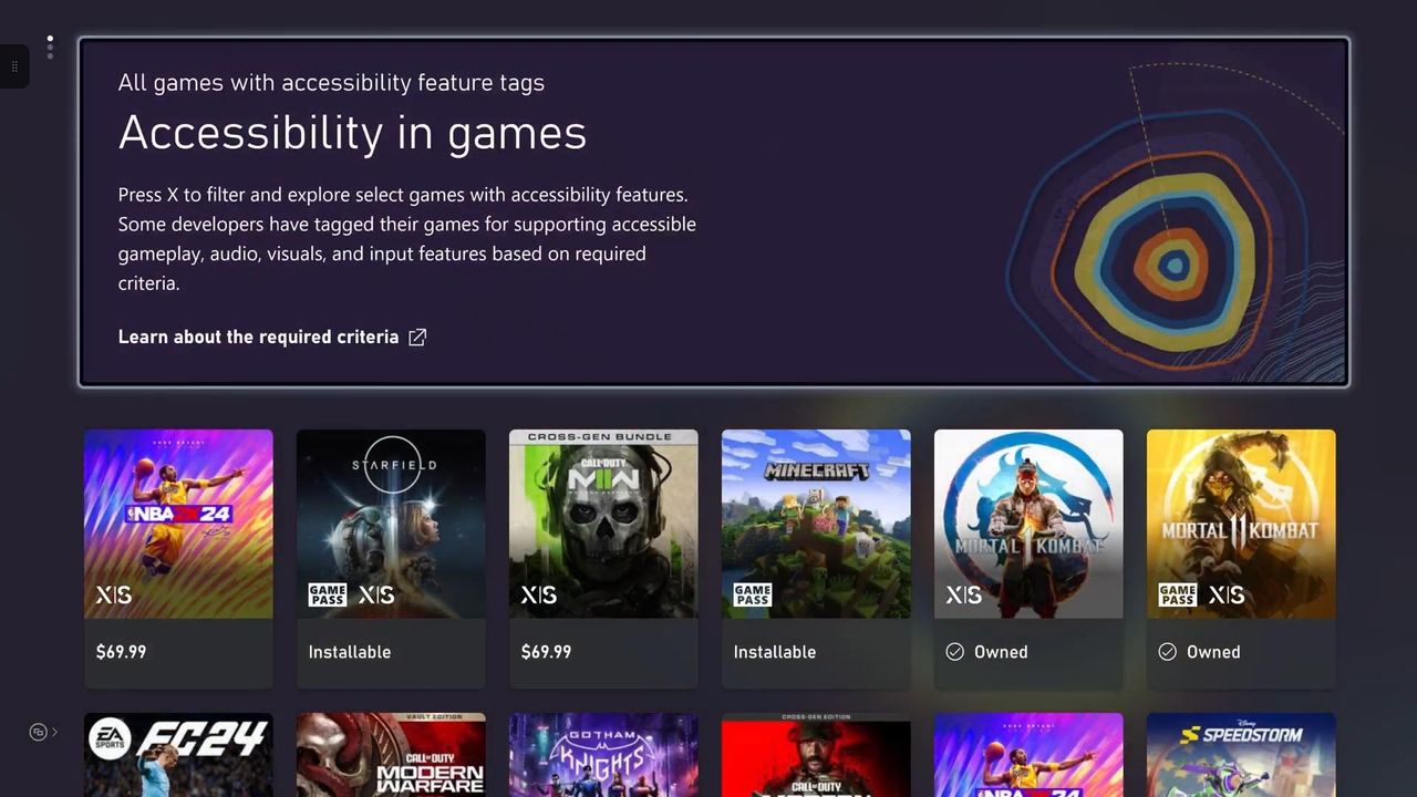 Image of Xbox's Oct. 2023 accessibility update, showing the new "Accessibility in Games" channel page in the Xbox Store highlighting games with accessibility features.
