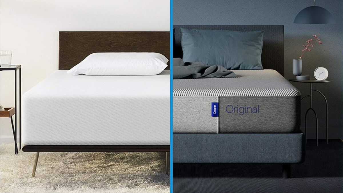 Full vs queen mattresses: image shows the Tuft &amp; Needle Original full size on the left and the Casper Original queen on the right