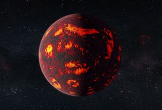 Super-Earth 55 Cancri e is depicted in a close view.
