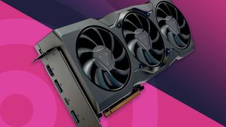 The AMD Radeon RX 7900 XTX, a top pick for the best graphics card, against a two-tone magenta background