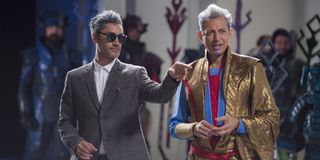 Taika Waititi with Jeff Goldblum on Thor Ragnarok set