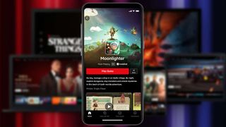 The Netflix games app with Netflix promo artwork in the background.