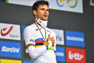 Italian Filippo Ganna celebrates the gold medal in the elite men's time trial of the UCI Road World Championships in Flanders