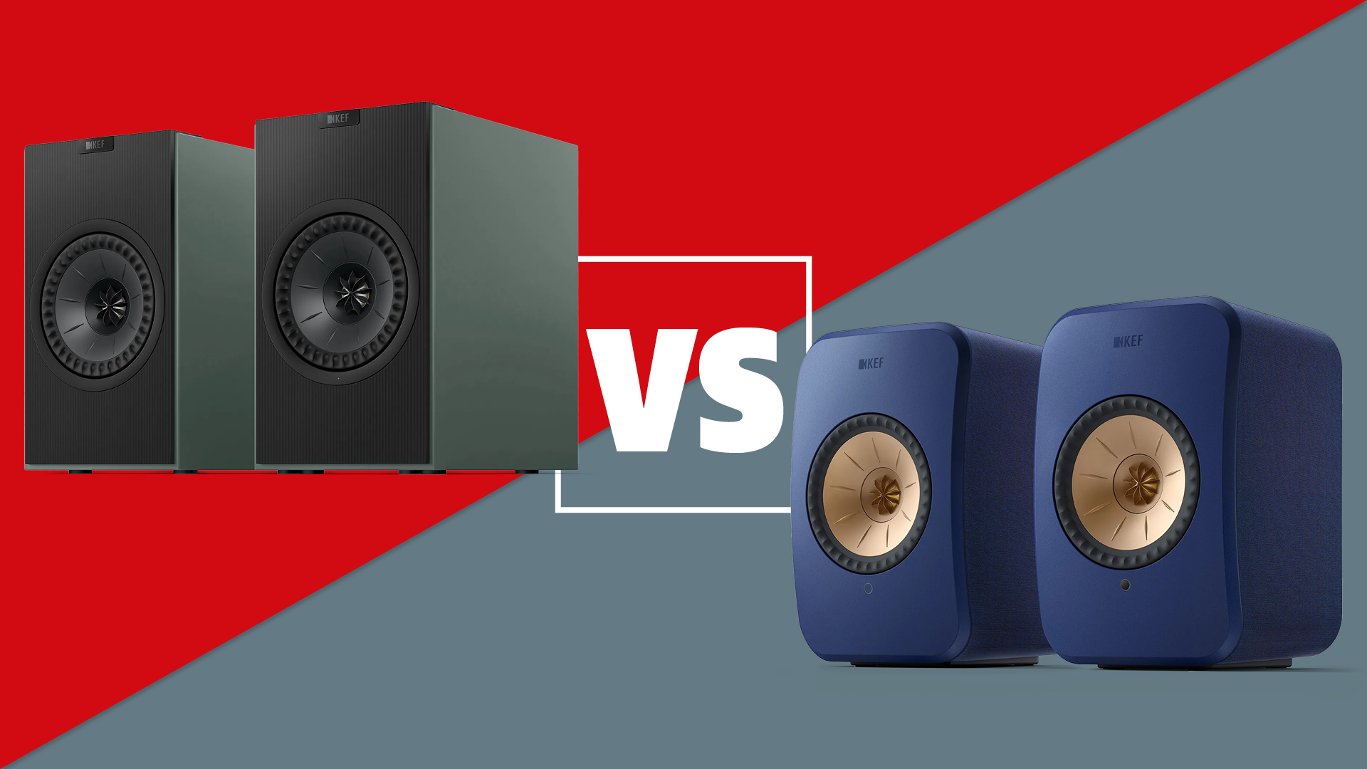 A pair of green KEF Coda W speakers and blue KEF LSX II speakers on a red and grey background with a white versus sign between them.