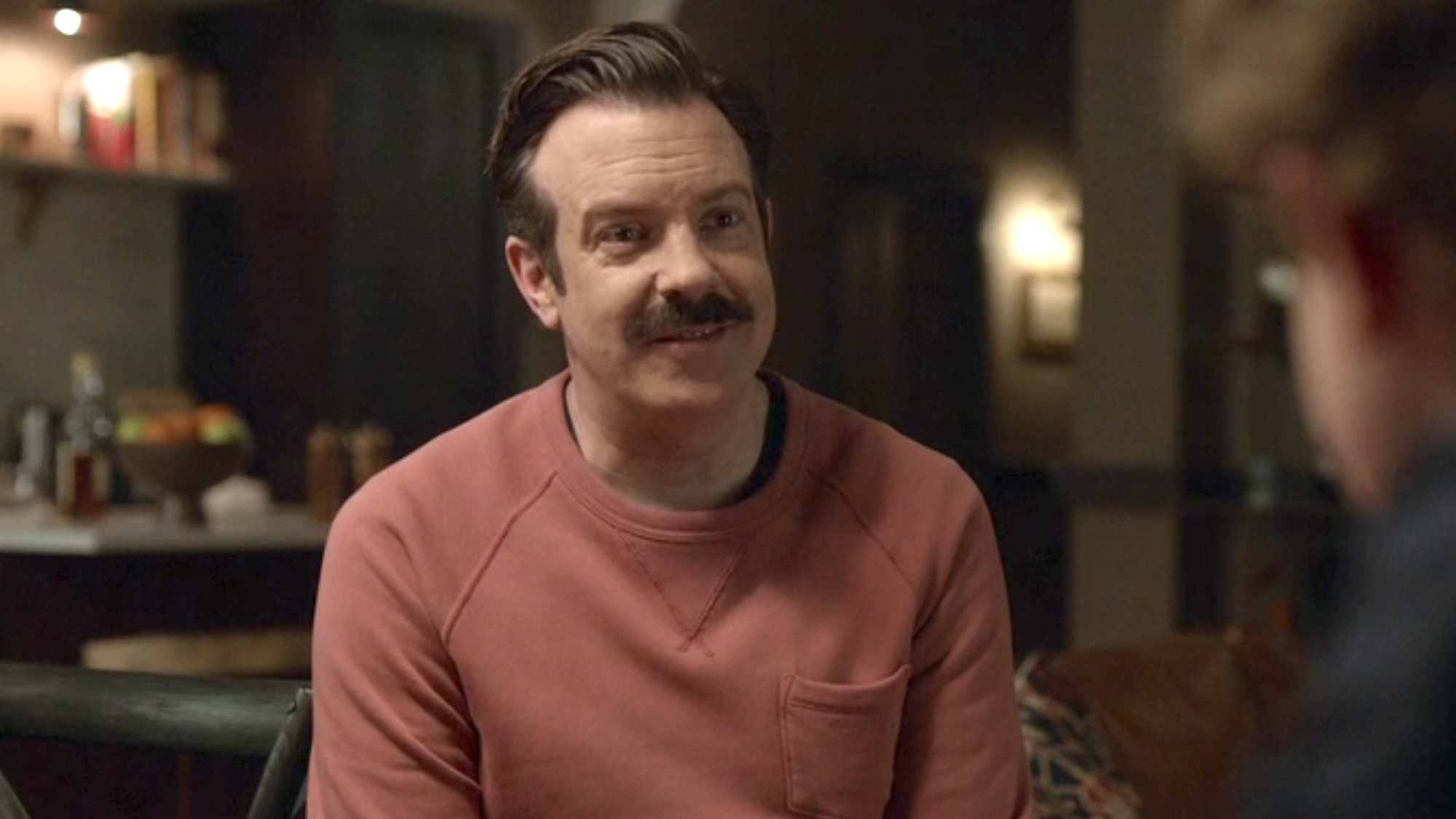 Ted smiling in a red sweatshirt talking to his son in the Season 4 finale. 