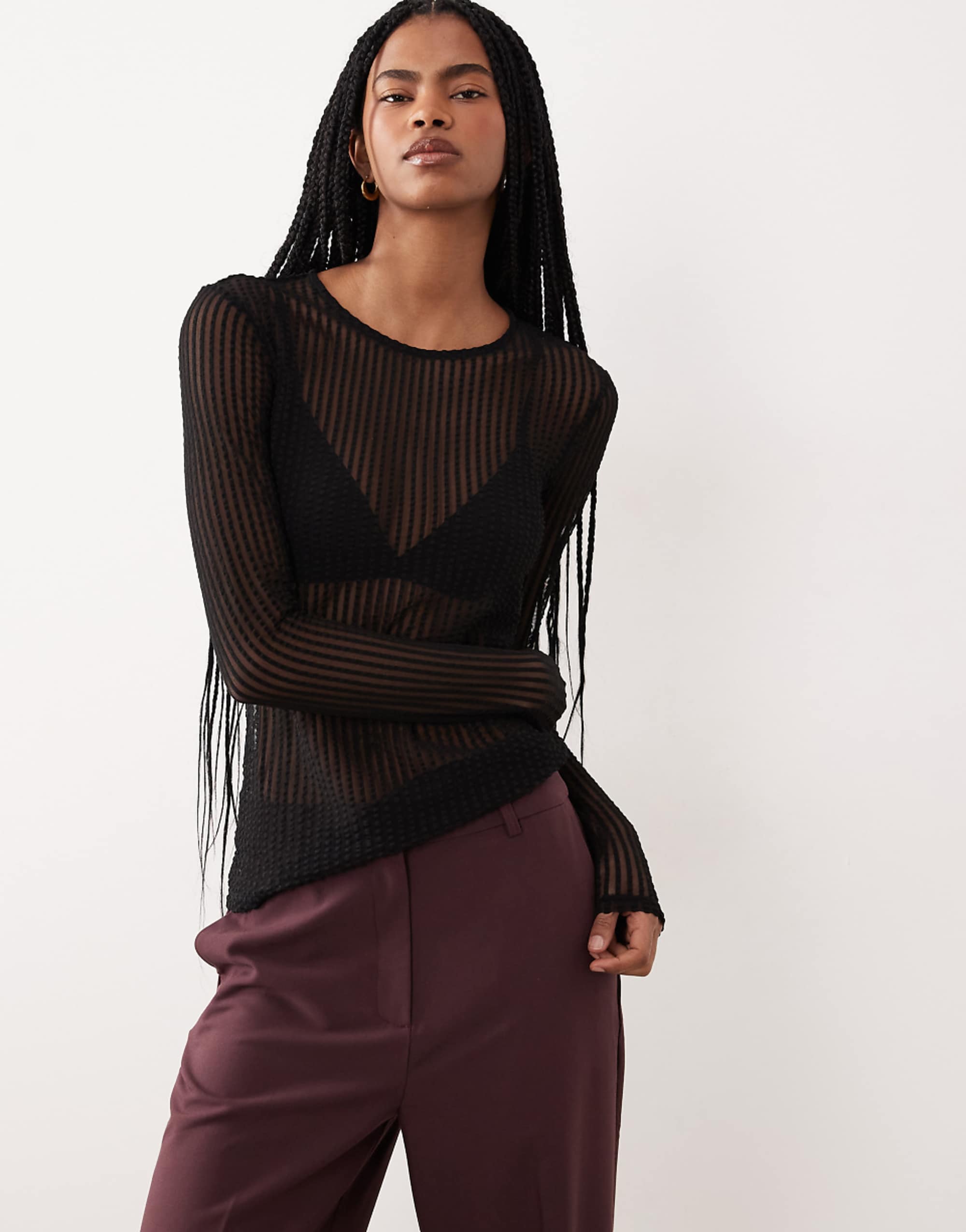 Vila Long Sleeve Sheer Mesh Striped Top in Black