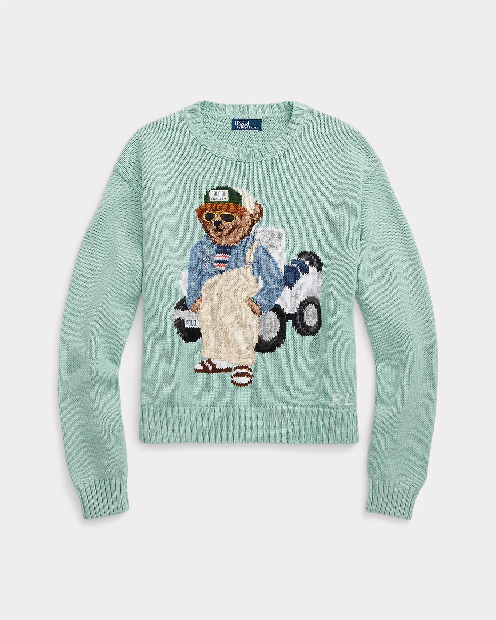 mint green Ralph Lauren sweater with polo bear on it