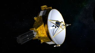 An illustration of New Horizons in space. It has a white satellite dish type disk in front and a golden body. On the bottom and on the sides there are some grey squares.
