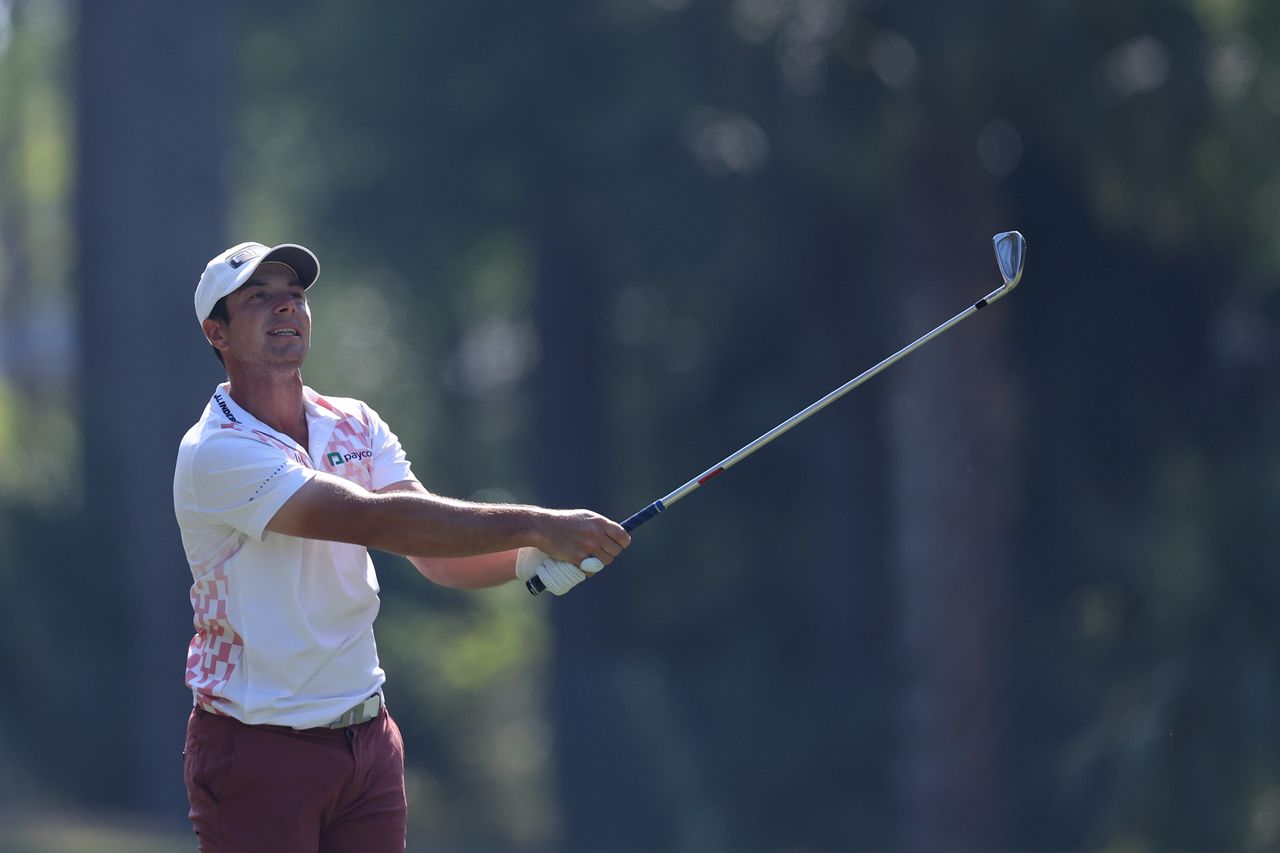 Viktor Hovland plays a shot on the 15th hole during the second round of the RBC Heritage 2026 at Harbour Town Golf Links
