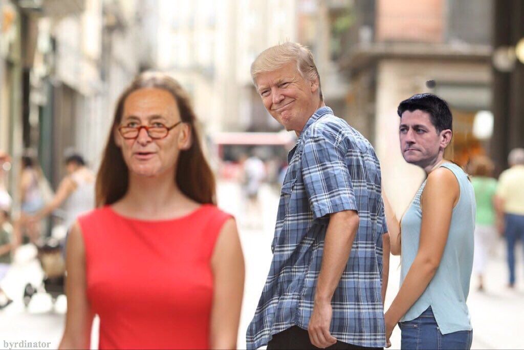 The &amp;#039;distracted boyfriend&amp;#039; meme, featuring Sen. Chuck Schumer, President Trump, and House Speaker Paul Ryan. 