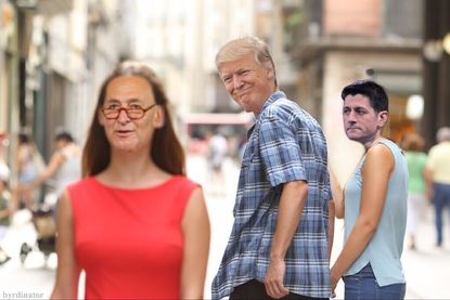 The 'distracted boyfriend' meme, featuring Sen. Chuck Schumer, President Trump, and House Speaker Paul Ryan. 