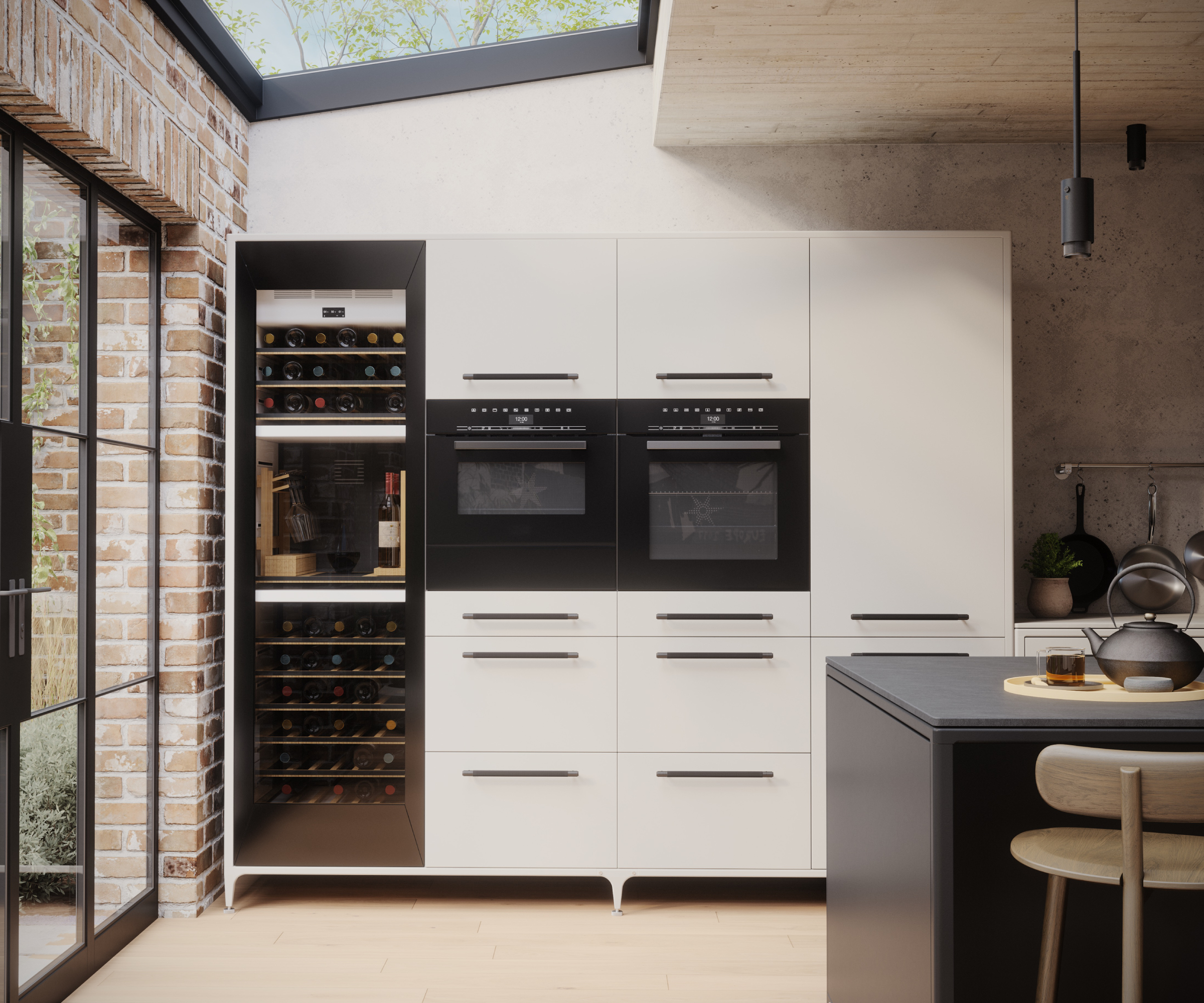 off white modern kitchen with large rooflight, crittal style doors and brick internal wall feature