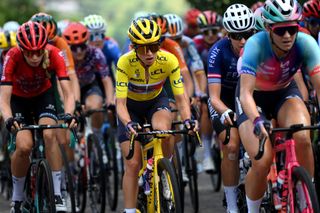 MORTEAU FRANCE AUGUST 16 Katarzyna Niewiadoma of Poland and Team CanyonSRAM Racing Yellow Lader Jersey C competes during the 3rd Tour de France Femmes 2024 Stage 6 a 1592km stage from Remiremont to Morteau UCIWWT on August 16 2024 in Morteau France Photo by Alex BroadwayGetty Images