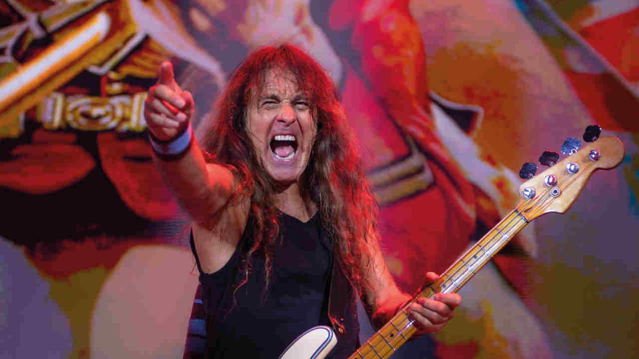Iron Maiden’s Steve Harris performing live onstage