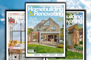 Three front covers of Homebuilding & Renovating magazine shown against a blue sky background