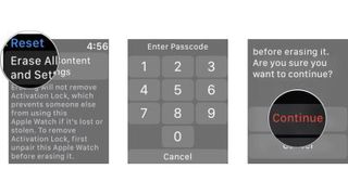 A screengrab showing the process of unpairing an Apple Watch directly from the Apple Watch screen