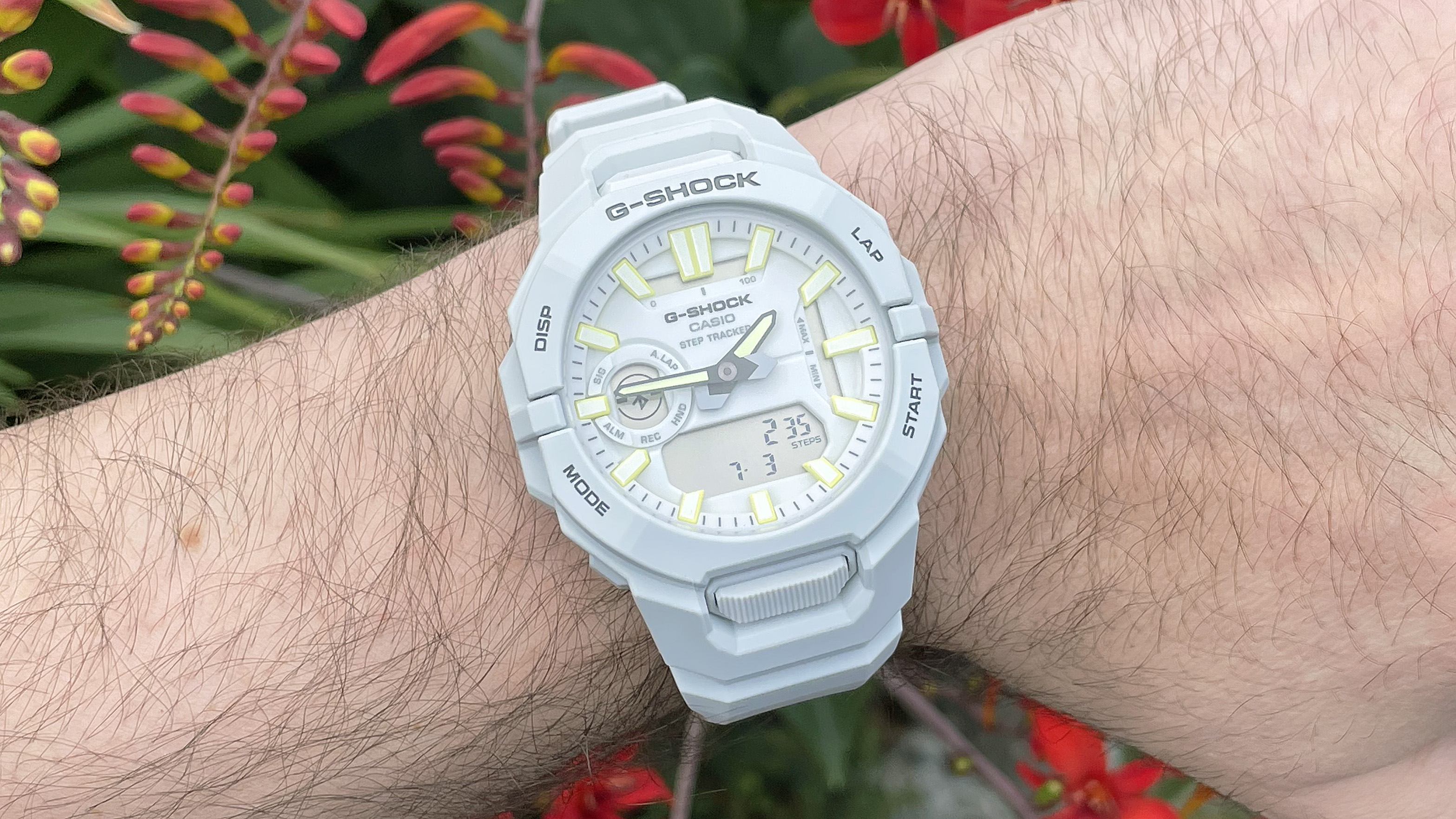 Close-up of the Casio G-Shock Move GBA950 fitness-tracking smartwatch on the writer's wrist