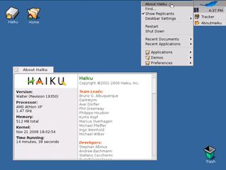 Haiku's about screen. Processor speed, memory size and uptime information is displayed in the bottom left portion of the window.